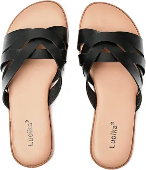 Luoika Women's Wide Width Flat Slides Sandals, Slip on Slide Sandal Casual Comfortable Summer Beach Shoes for Women.