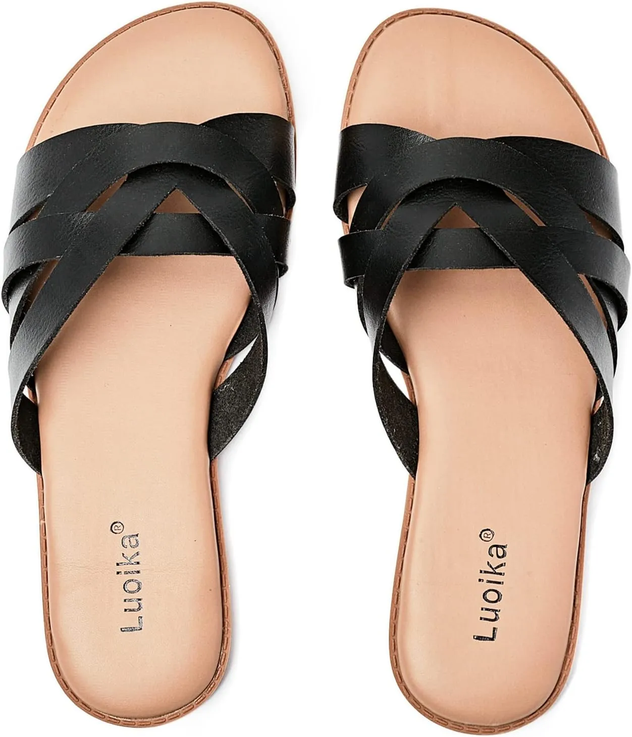 Luoika Women's Wide Width Flat Slides Sandals, Slip on Slide Sandal Casual Comfortable Summer Beach Shoes for Women.