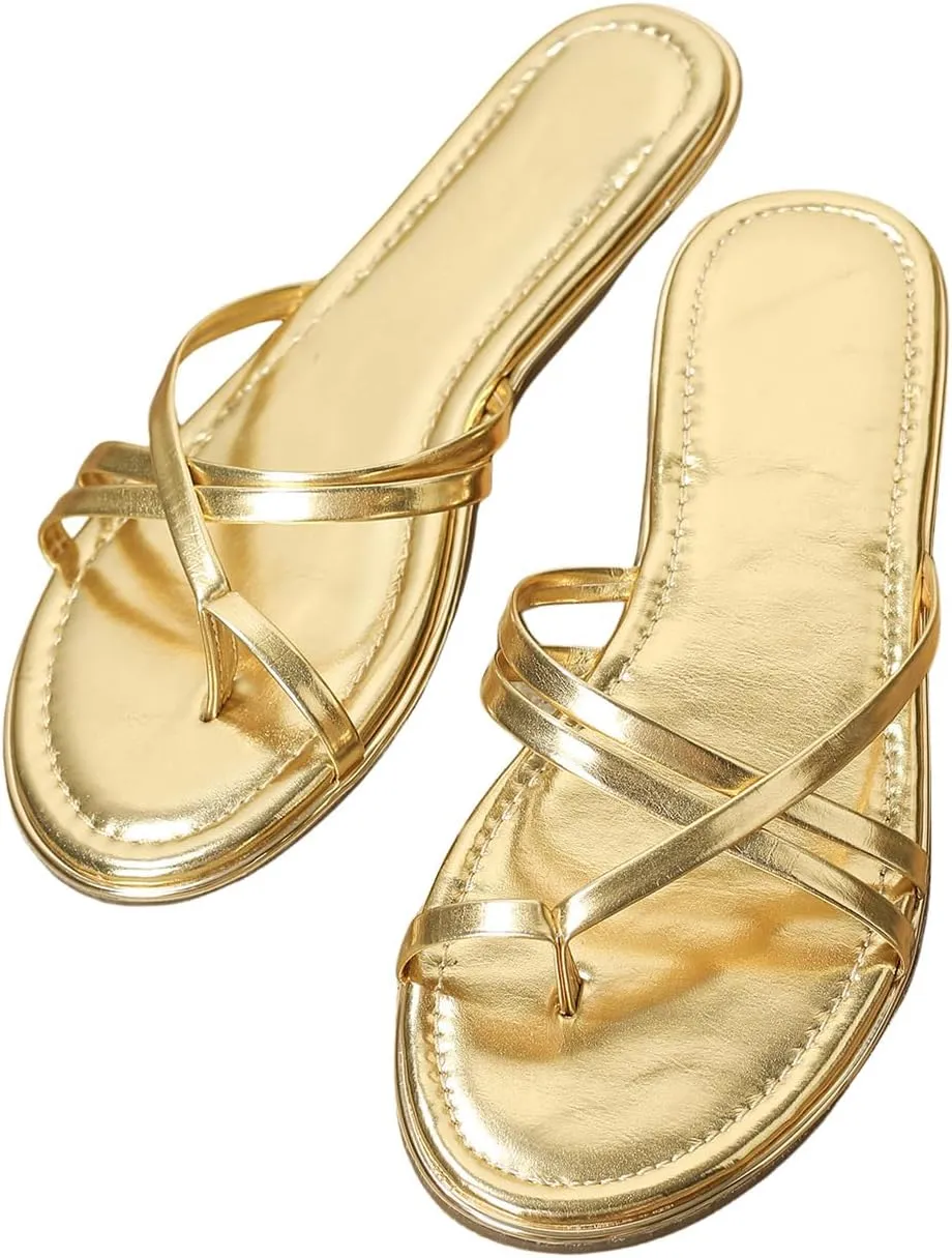 MakeMeChic Women's Metallic Strappy Open Toe Flat Sandals PU Leather Summer Slides Sandal