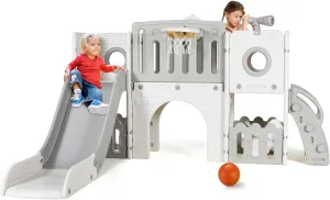 MAMIZO Toddler Slide Set, 9 in 1 Kids Climber Playset with Slope, Indoor Outdoor Playground for Children, w/Basketball Hoop and Ball, Telescope, Crawling Tunnel, Storage Space