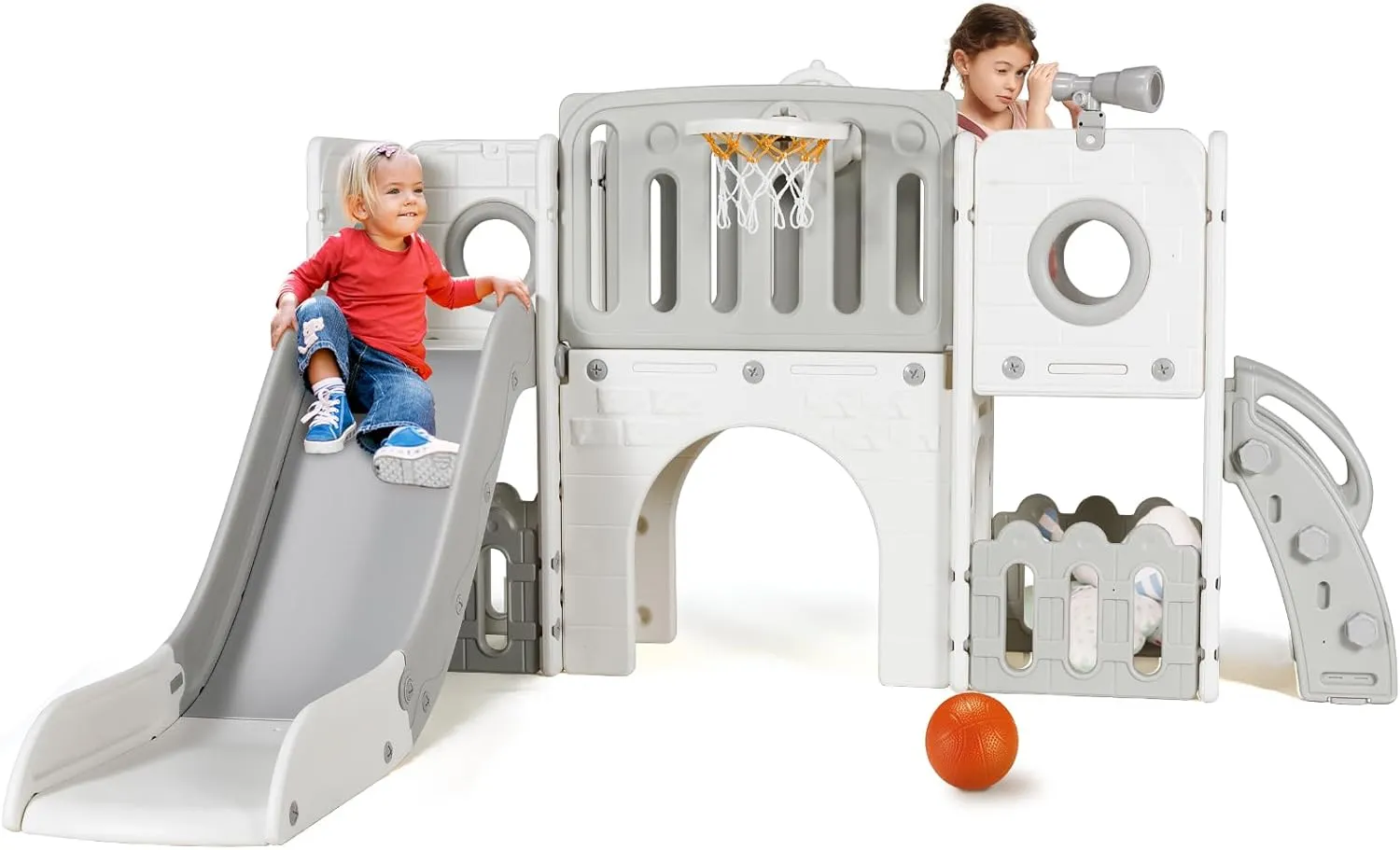 MAMIZO Toddler Slide Set, 9 in 1 Kids Climber Playset with Slope, Indoor Outdoor Playground for Children, w/Basketball Hoop and Ball, Telescope, Crawling Tunnel, Storage Space