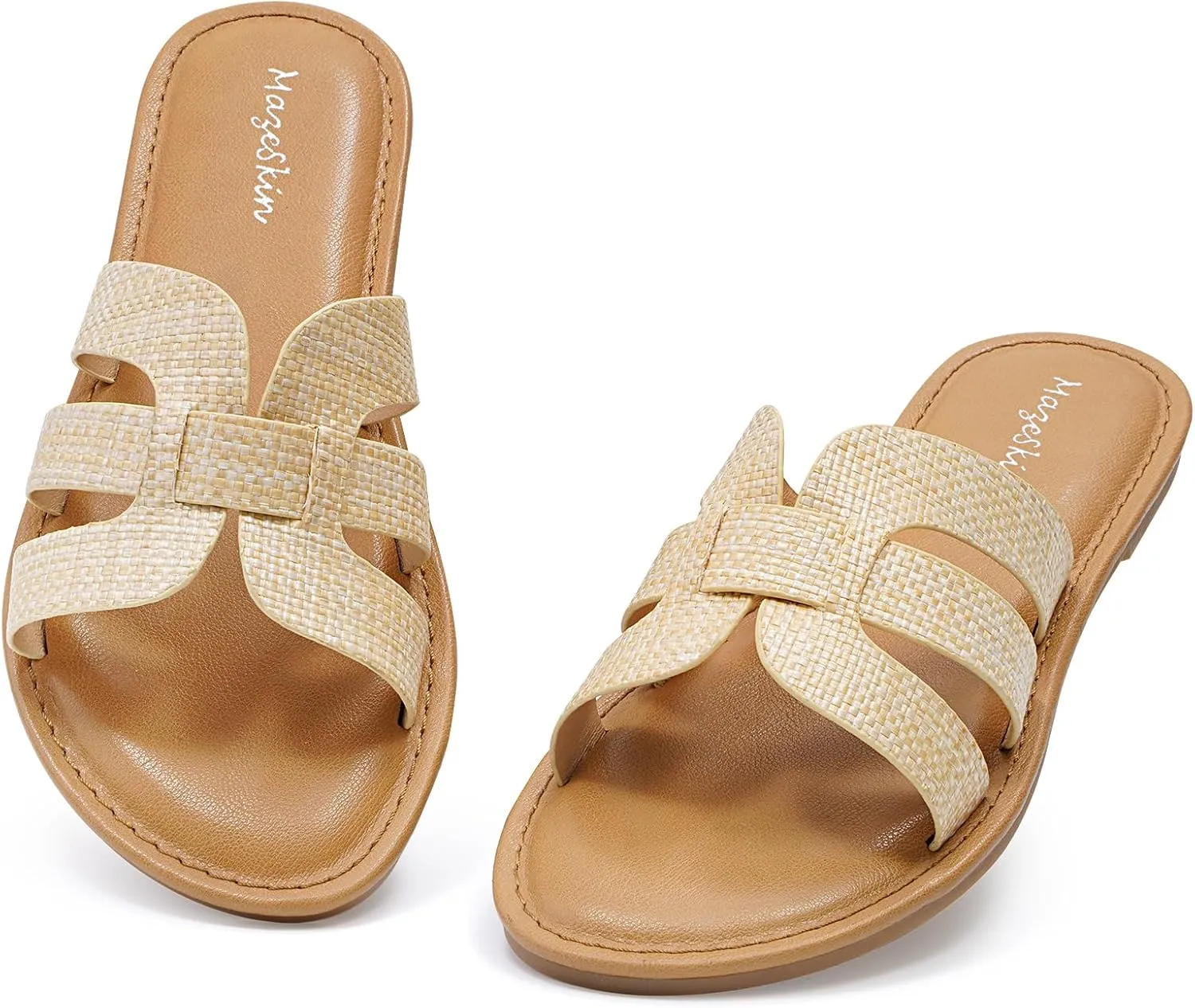 mazeskin Womens Memory Foam H-Band Summer Comfortable Dressy Flat Slide Sandals