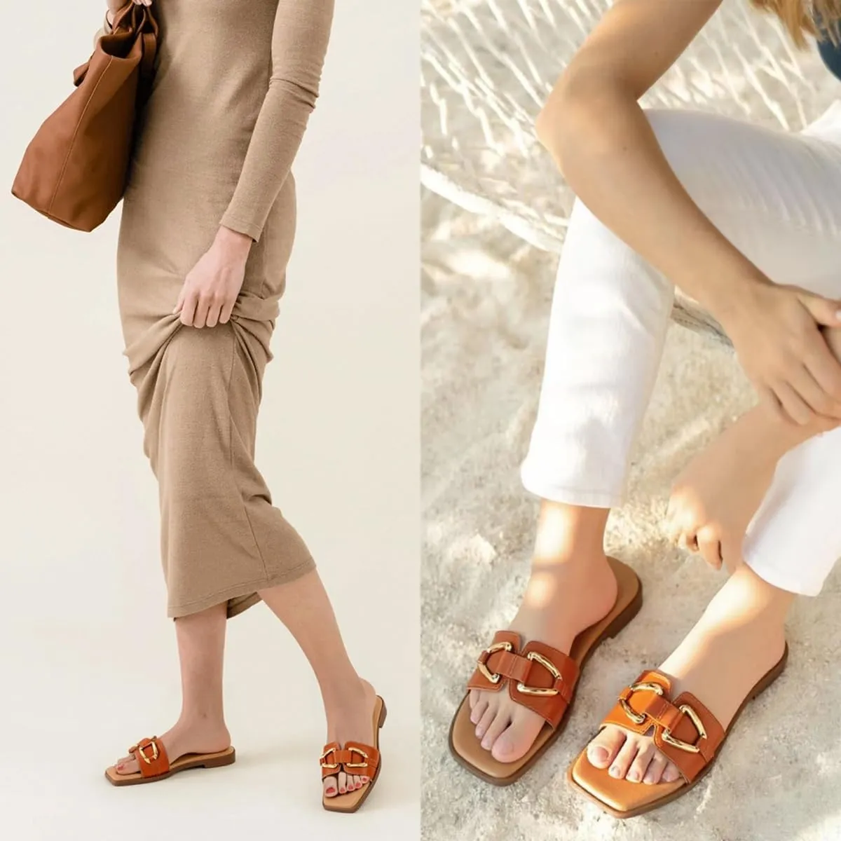mazeskin Women's Square Open Toe Dressy Slide Sandals Cute Summer Comfortable Flat Slippers with Metal buckle