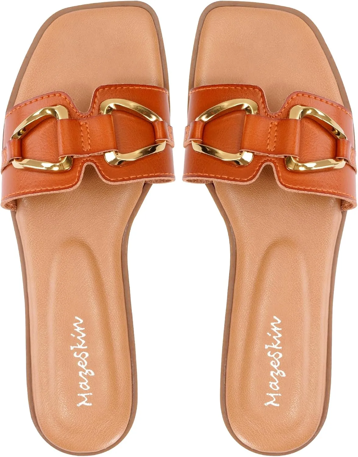 mazeskin Women's Square Open Toe Dressy Slide Sandals Cute Summer Comfortable Flat Slippers with Metal buckle
