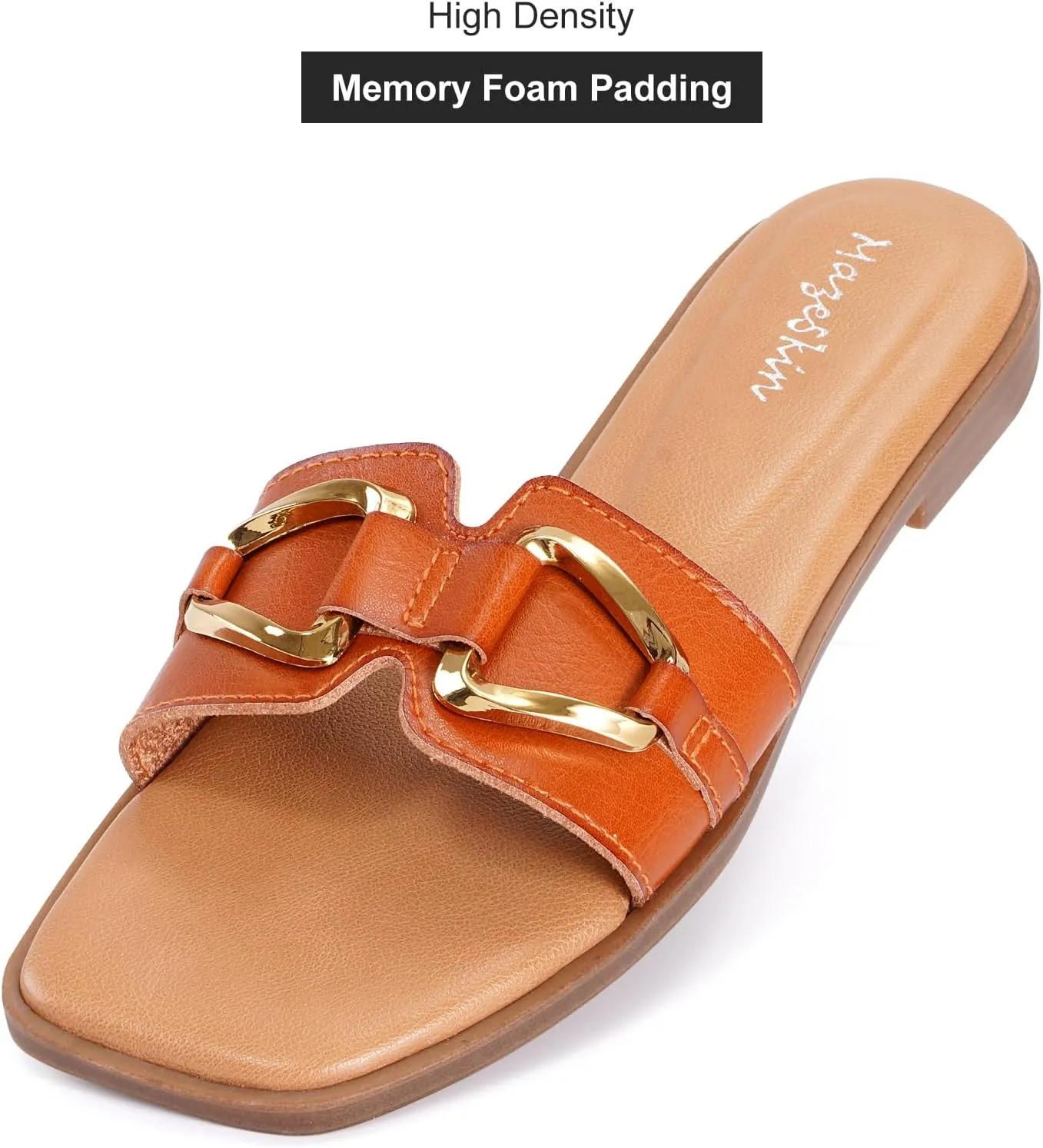 mazeskin Women's Square Open Toe Dressy Slide Sandals Cute Summer Comfortable Flat Slippers with Metal buckle
