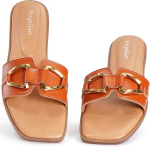 mazeskin Women's Square Open Toe Dressy Slide Sandals Cute Summer Comfortable Flat Slippers with Metal buckle