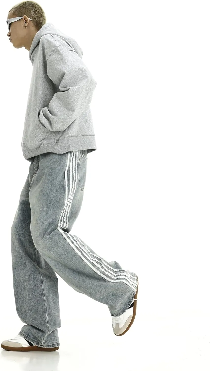 Men's Baggy Vintage Jeans Loose Fit Denim Pants with Stripes on The Side Relaxed Skateboard Denim