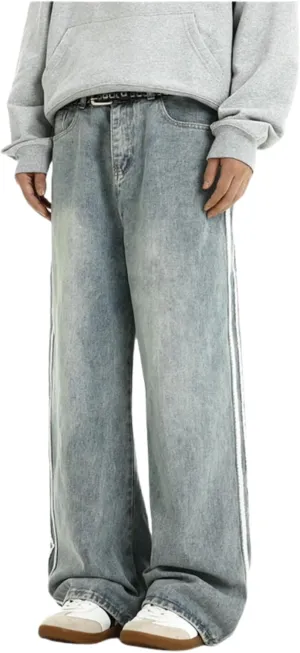 Men's Baggy Vintage Jeans Loose Fit Denim Pants with Stripes on The Side Relaxed Skateboard Denim