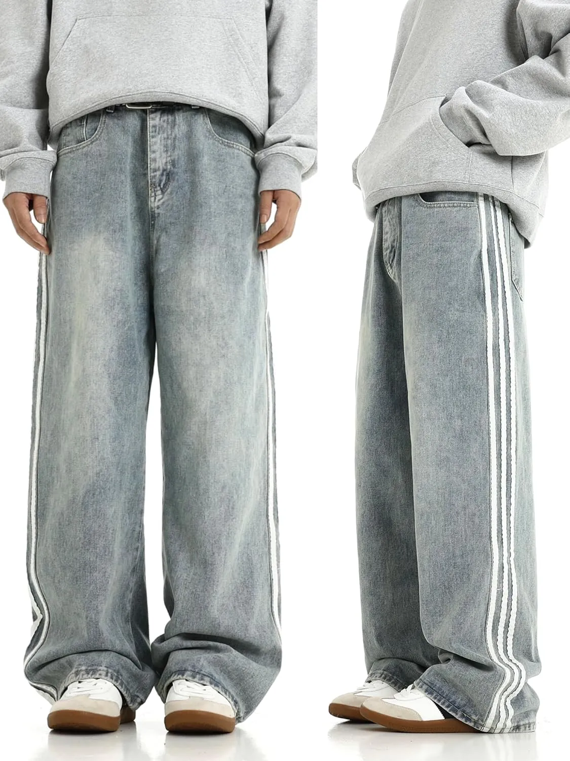 Men's Baggy Vintage Jeans Loose Fit Denim Pants with Stripes on The Side Relaxed Skateboard Denim