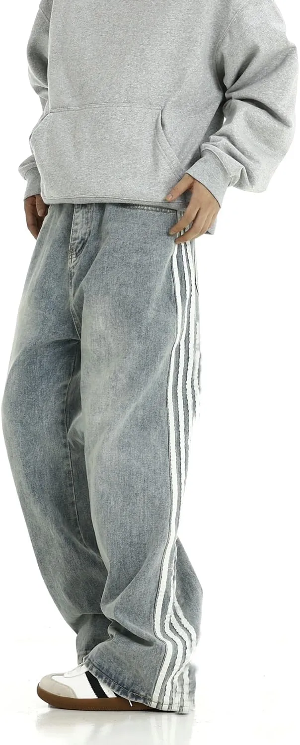 Men's Baggy Vintage Jeans Loose Fit Denim Pants with Stripes on The Side Relaxed Skateboard Denim