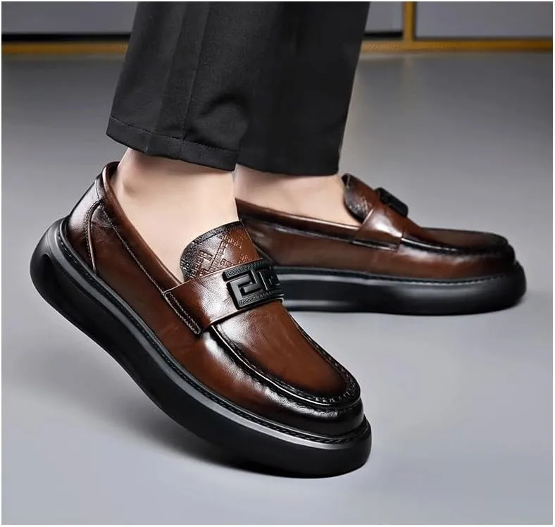 Men's Black/Brown Leather Platform Chunky Slip-On Penny Loafers Comfortable Cowhide Soles Non-Slip Slip-On Walking Shoes