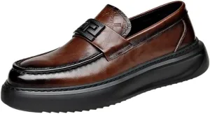 Men's Black/Brown Leather Platform Chunky Slip-On Penny Loafers Comfortable Cowhide Soles Non-Slip Slip-On Walking Shoes