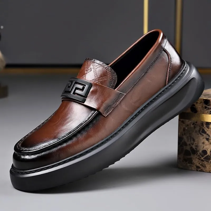 Men's Black/Brown Leather Platform Chunky Slip-On Penny Loafers Comfortable Cowhide Soles Non-Slip Slip-On Walking Shoes