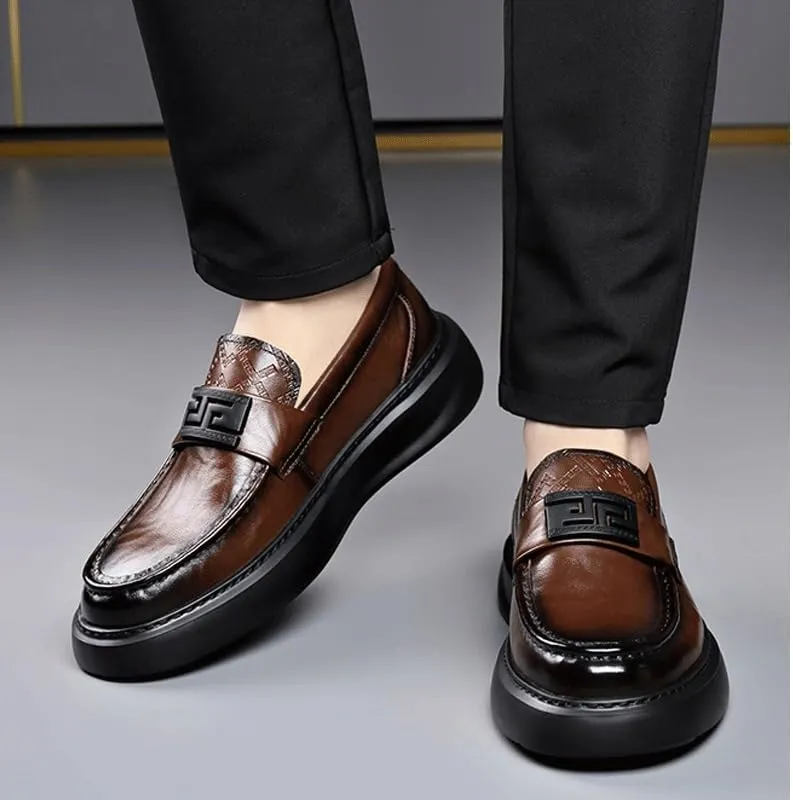 Men's Black/Brown Leather Platform Chunky Slip-On Penny Loafers Comfortable Cowhide Soles Non-Slip Slip-On Walking Shoes