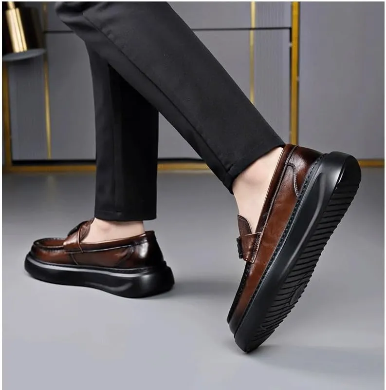 Men's Black/Brown Leather Platform Chunky Slip-On Penny Loafers Comfortable Cowhide Soles Non-Slip Slip-On Walking Shoes