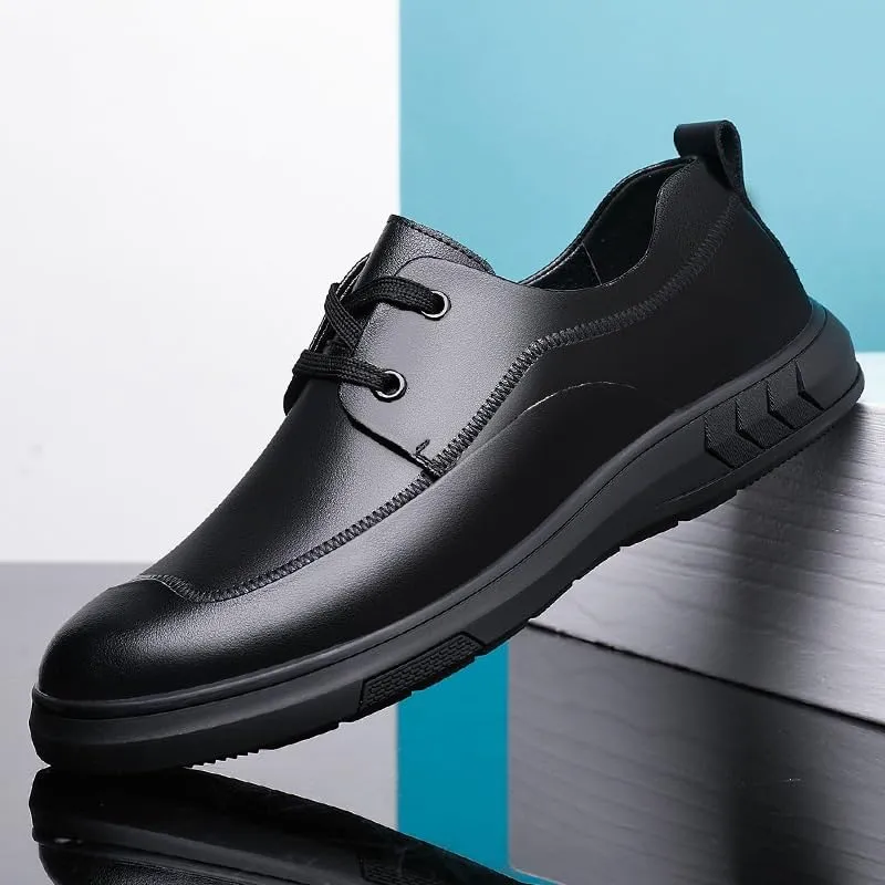 Men's Flat Heel Cowhide Business Casual Versatile Black Formal Leather Shoes Round Toe Slip-on Low-top Slip Resistant Rubber Oxford Shoes for Men