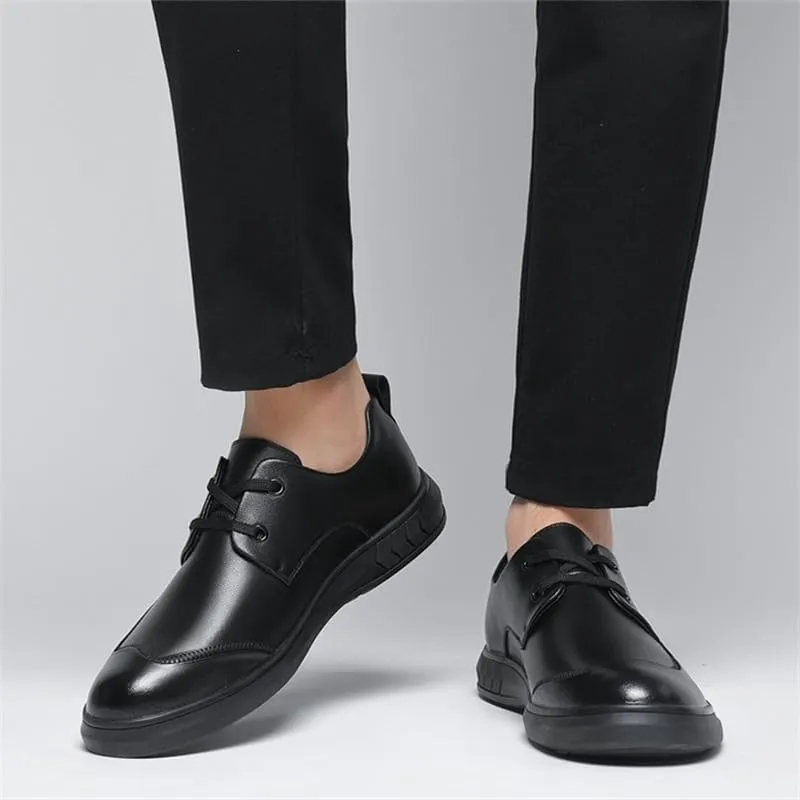 Men's Flat Heel Cowhide Business Casual Versatile Black Formal Leather Shoes Round Toe Slip-on Low-top Slip Resistant Rubber Oxford Shoes for Men