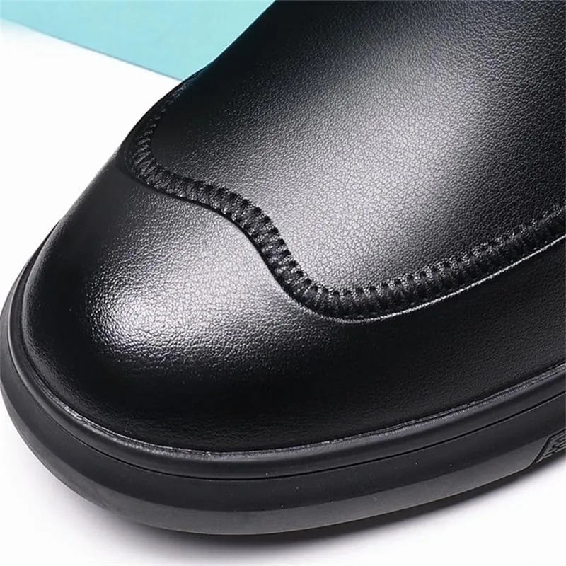 Men's Flat Heel Cowhide Business Casual Versatile Black Formal Leather Shoes Round Toe Slip-on Low-top Slip Resistant Rubber Oxford Shoes for Men