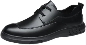 Men's Flat Heel Cowhide Business Casual Versatile Black Formal Leather Shoes Round Toe Slip-on Low-top Slip Resistant Rubber Oxford Shoes for Men