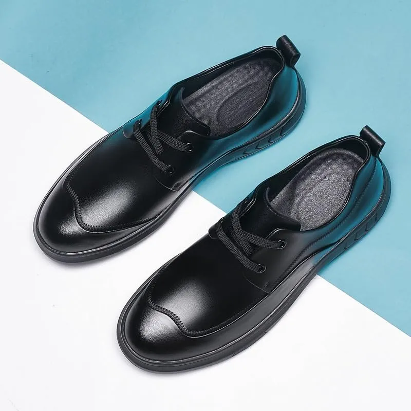 Men's Flat Heel Cowhide Business Casual Versatile Black Formal Leather Shoes Round Toe Slip-on Low-top Slip Resistant Rubber Oxford Shoes for Men