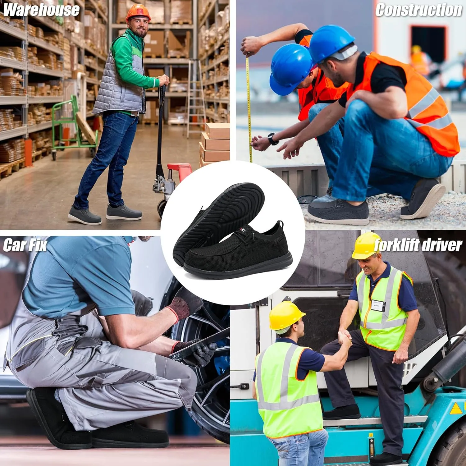 Men's Grey Steel Toe Loafers, Work Safety Shoes, Slip-On, Comfortable, Non-Slip, Breathable, Lightweight