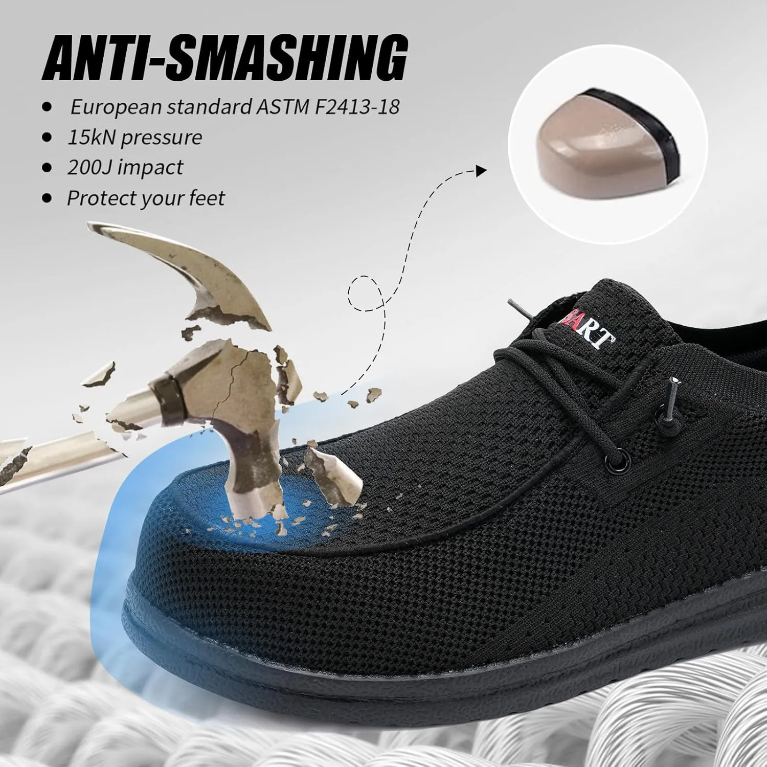 Men's Grey Steel Toe Loafers, Work Safety Shoes, Slip-On, Comfortable, Non-Slip, Breathable, Lightweight