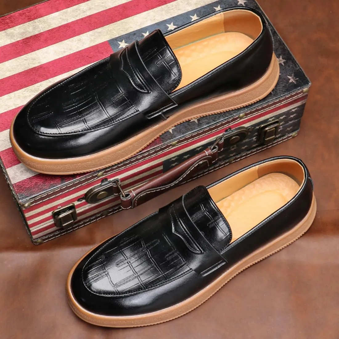 Men's Pattern Leather Platform Slip On Tassel Loafers, Fashion Round Toe Low Top Non-Slip Luxury Business Casual Shoes