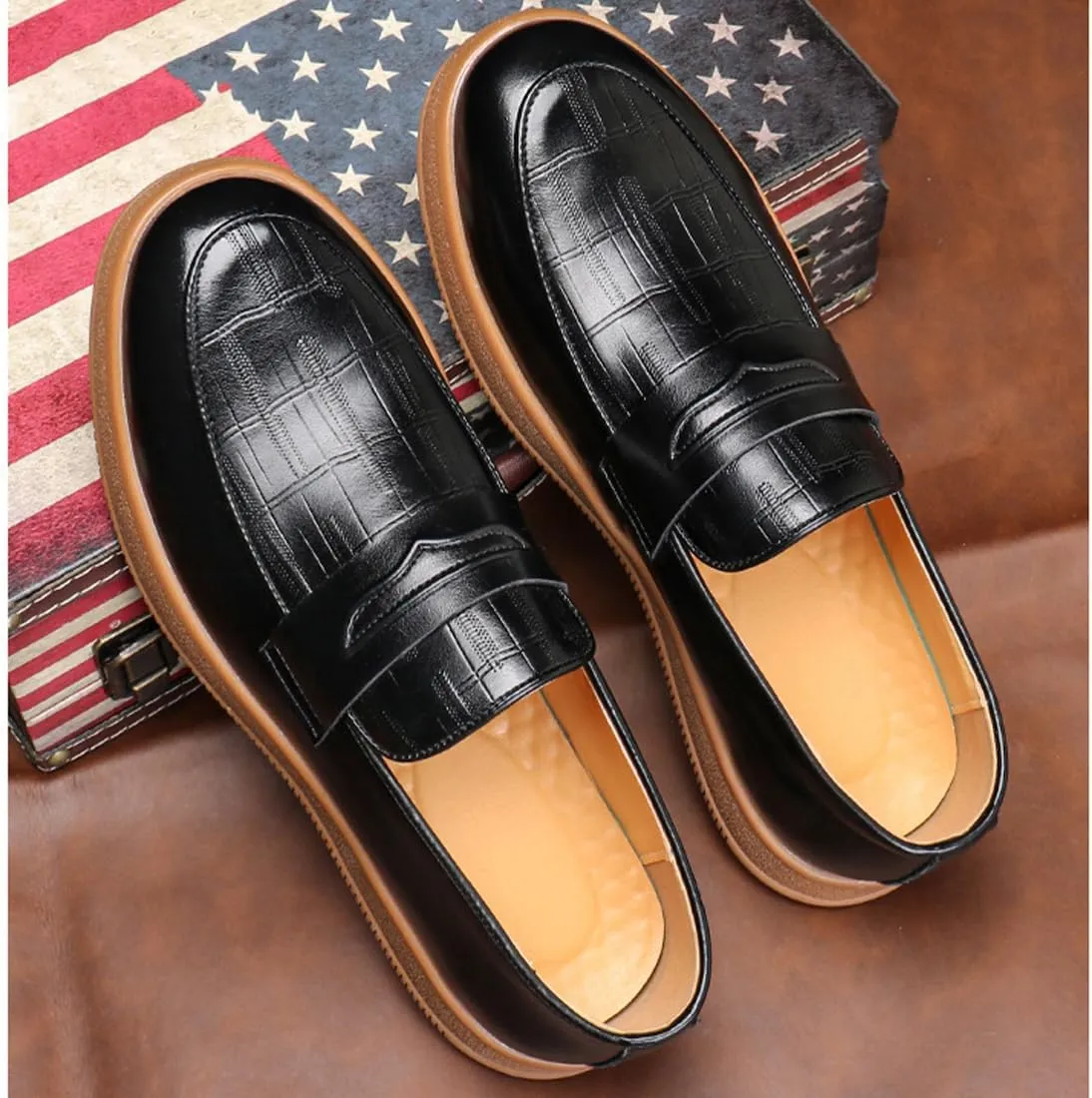 Men's Pattern Leather Platform Slip On Tassel Loafers, Fashion Round Toe Low Top Non-Slip Luxury Business Casual Shoes