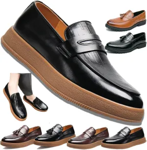 Men's Pattern Leather Platform Slip On Tassel Loafers, Fashion Round Toe Low Top Non-Slip Luxury Business Casual Shoes