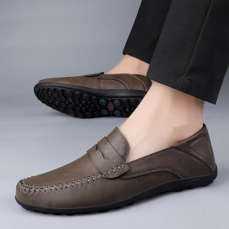 Men's Prom Loafers Leather Business Solid Color Prom Non Slip Low Top Block Heel Anti-Slip Shoe Slip On