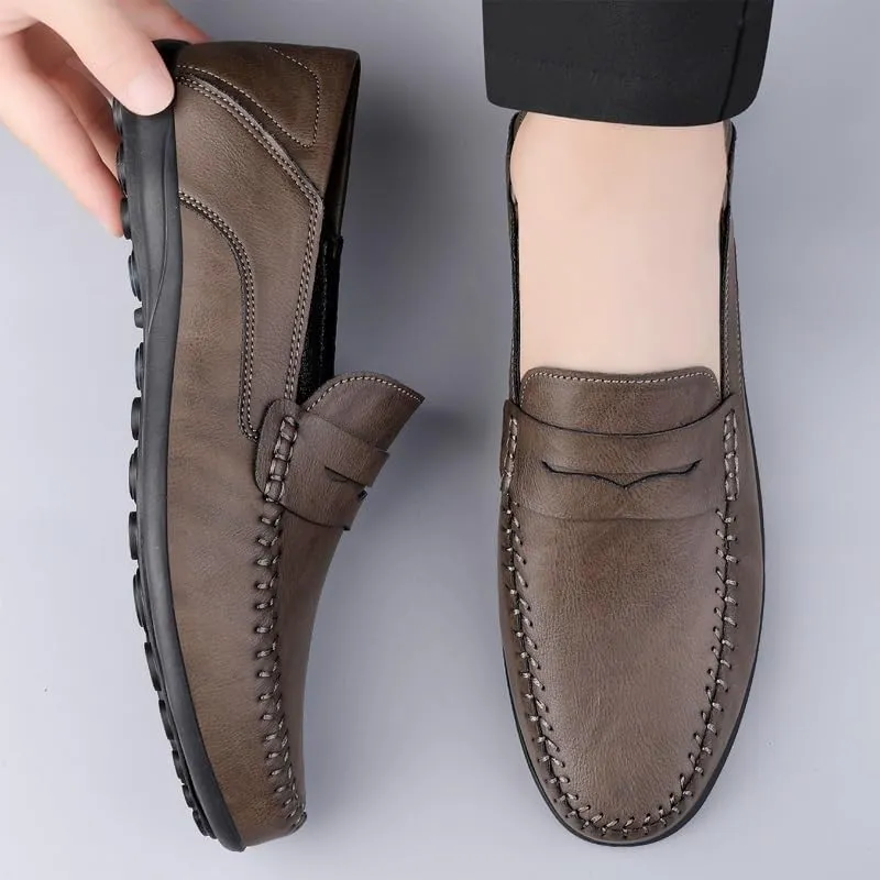 Men's Prom Loafers Leather Business Solid Color Prom Non Slip Low Top Block Heel Anti-Slip Shoe Slip On