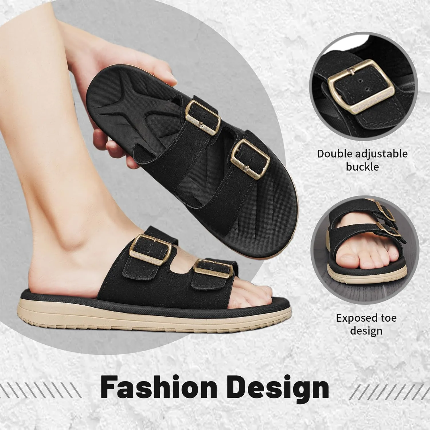 Mens Sandals Arch Support Comfortable Beach Slides with Adjustable Buckle Straps Slippers for Men