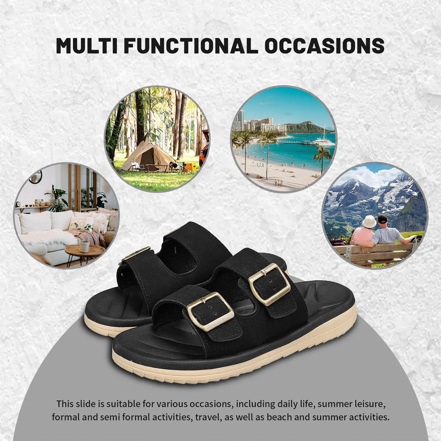 Mens Sandals Arch Support Comfortable Beach Slides with Adjustable Buckle Straps Slippers for Men