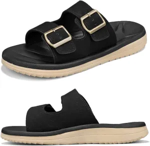 Mens Sandals Arch Support Comfortable Beach Slides with Adjustable Buckle Straps Slippers for Men