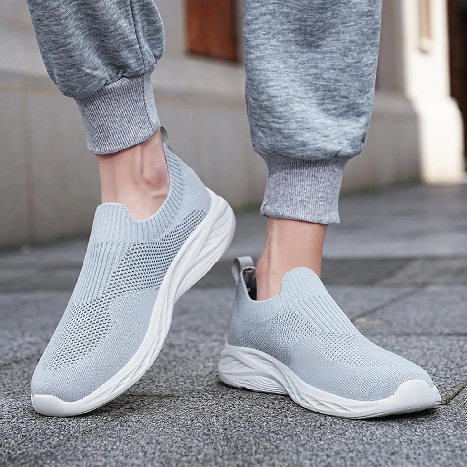Men's Slip On Sock Shoes Breathable Elastic Knit Sneakers Lightweight Cushion Walking Shoes Non Slip Elderly Shoe