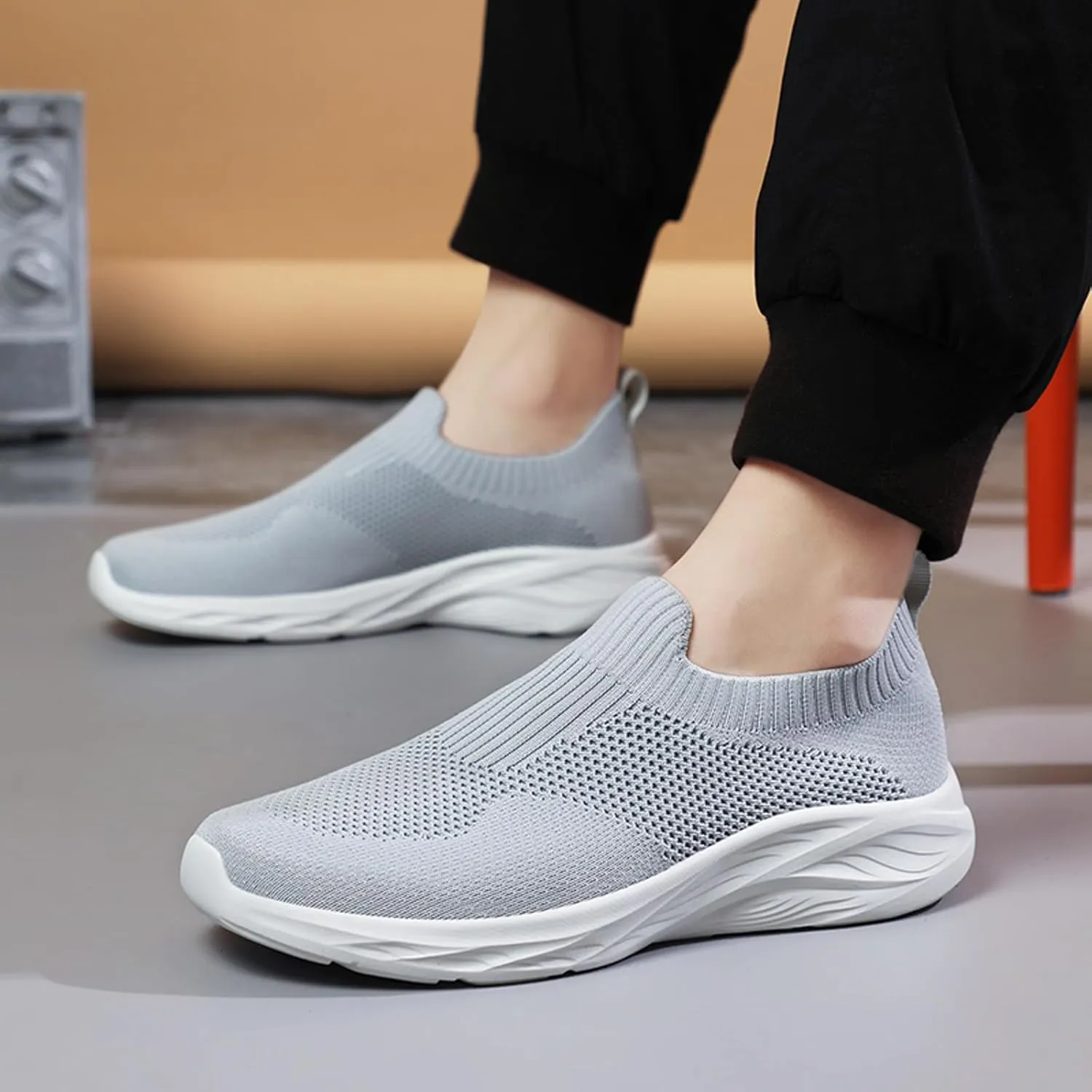 Men's Slip On Sock Shoes Breathable Elastic Knit Sneakers Lightweight Cushion Walking Shoes Non Slip Elderly Shoe