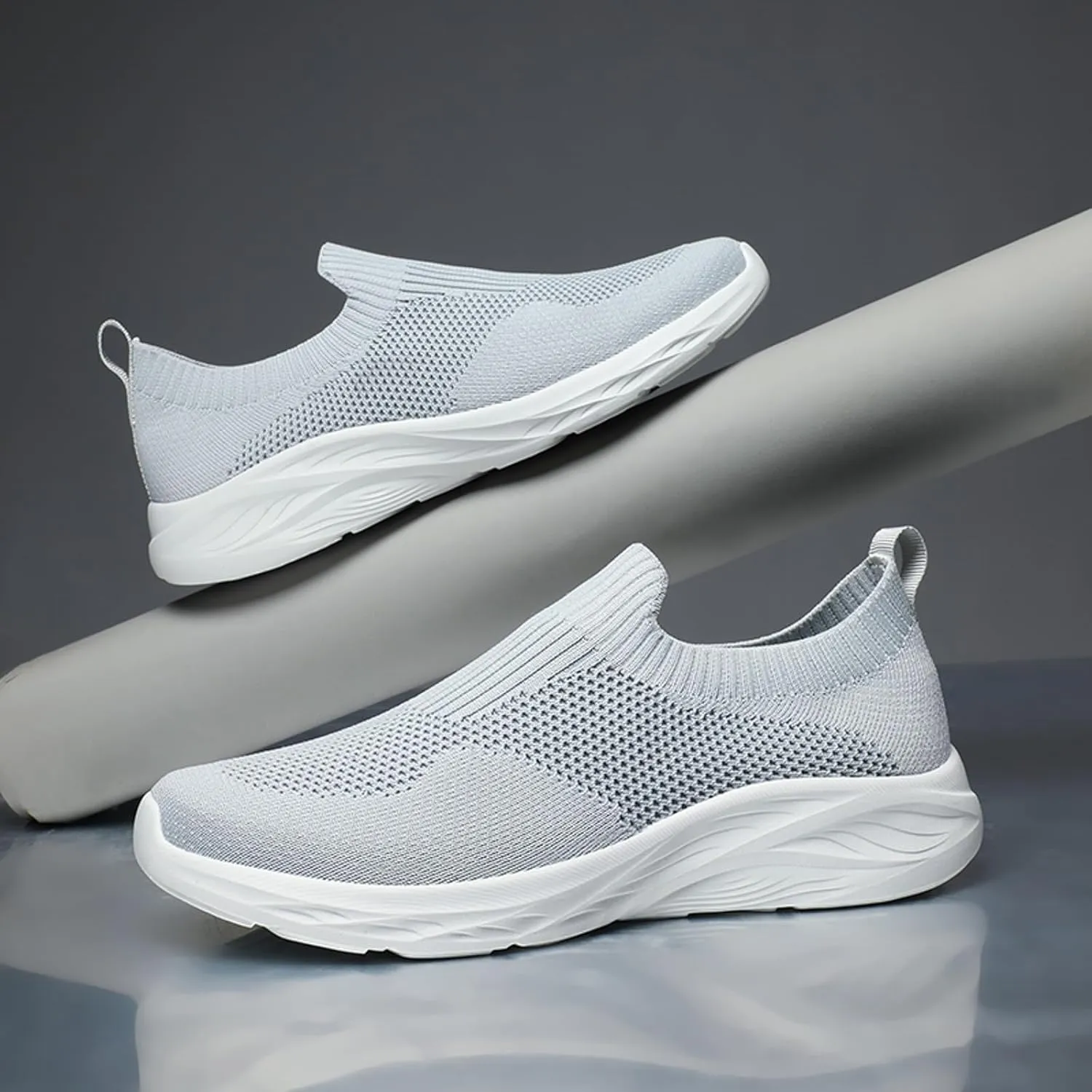 Men's Slip On Sock Shoes Breathable Elastic Knit Sneakers Lightweight Cushion Walking Shoes Non Slip Elderly Shoe
