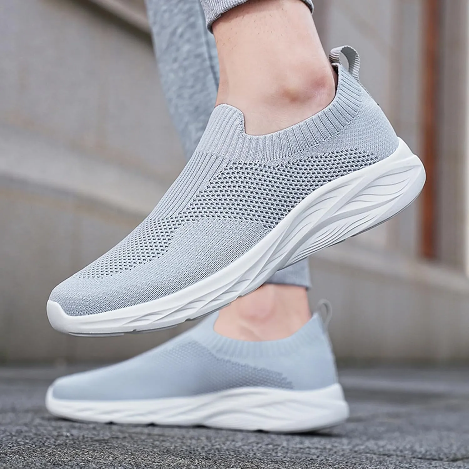 Men's Slip On Sock Shoes Breathable Elastic Knit Sneakers Lightweight Cushion Walking Shoes Non Slip Elderly Shoe