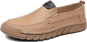 Men's Soft Leather Flat Boat Shoe Round Toe Hand Stitching Soft Platform Anti-Slip Driving Sneakers Outdoor Comfort Lightweight Casual Shoe