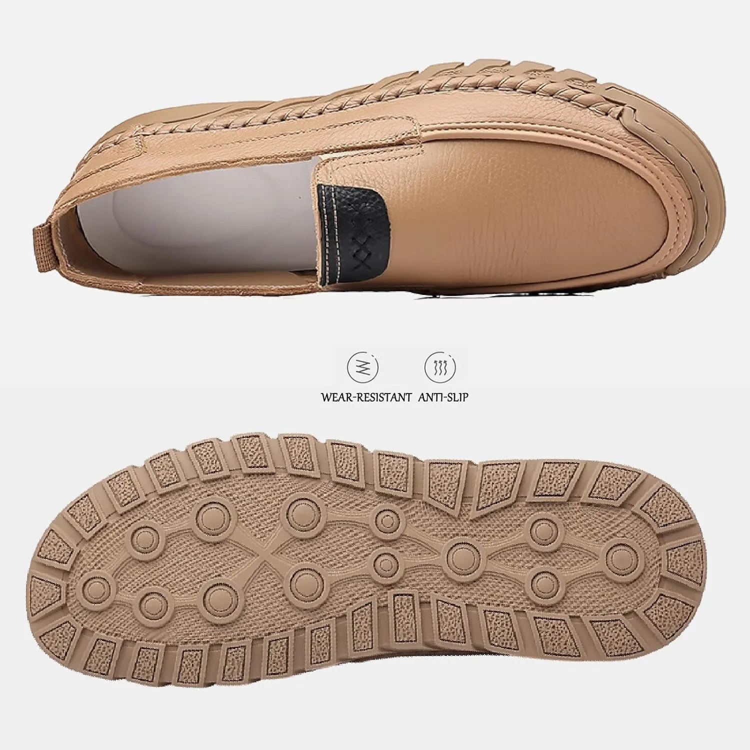 Men's Soft Leather Flat Boat Shoe Round Toe Hand Stitching Soft Platform Anti-Slip Driving Sneakers Outdoor Comfort Lightweight Casual Shoe