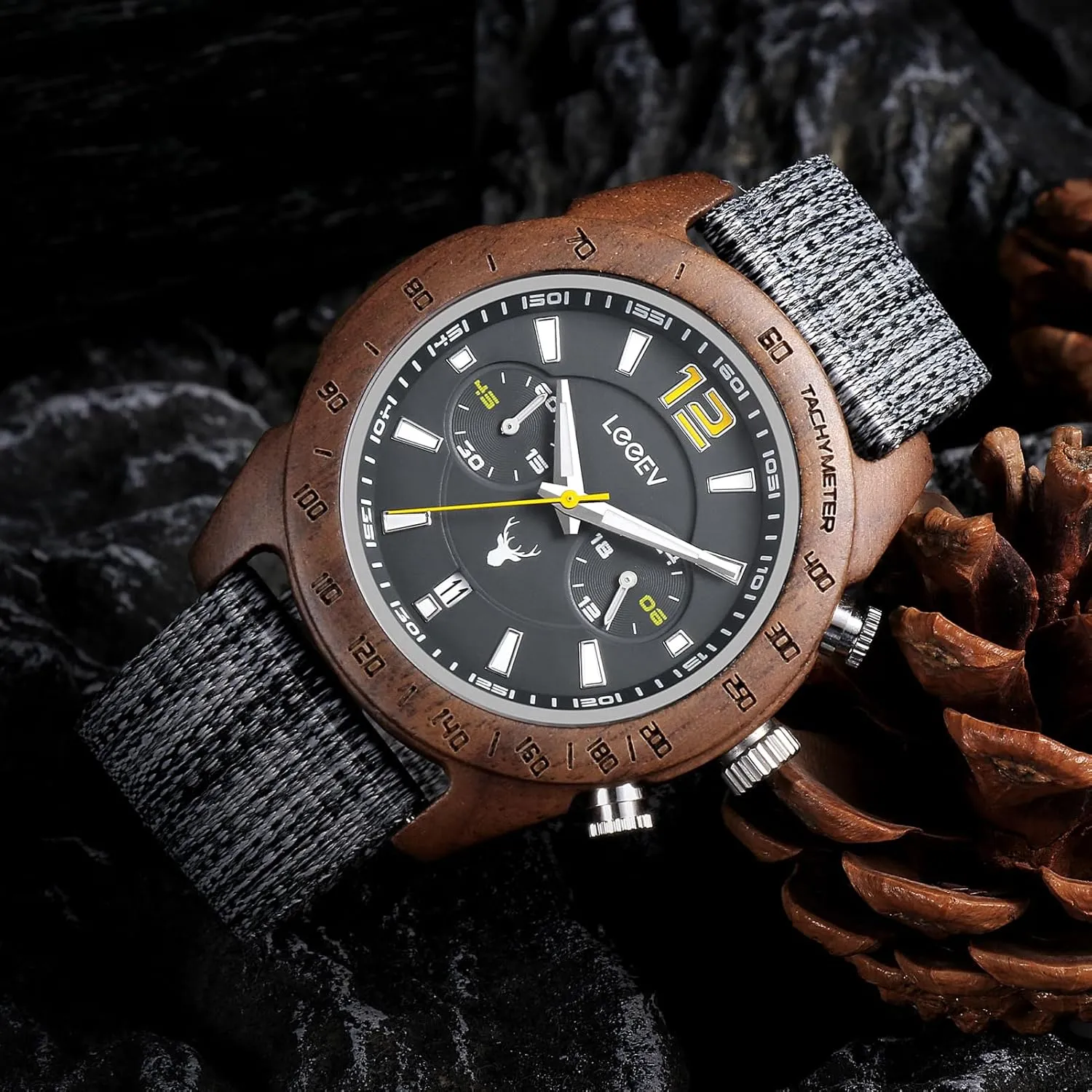 Men's Sport Design Wooden Watch, Handmade Light Luminous Multifunctional Date Display Chronograph Military Quartz Bamboo Wood Wristwatch