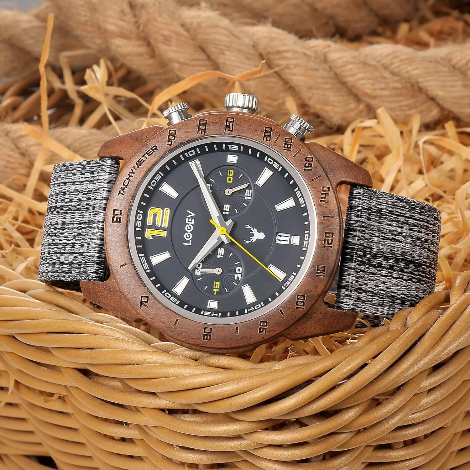 Men's Sport Design Wooden Watch, Handmade Light Luminous Multifunctional Date Display Chronograph Military Quartz Bamboo Wood Wristwatch