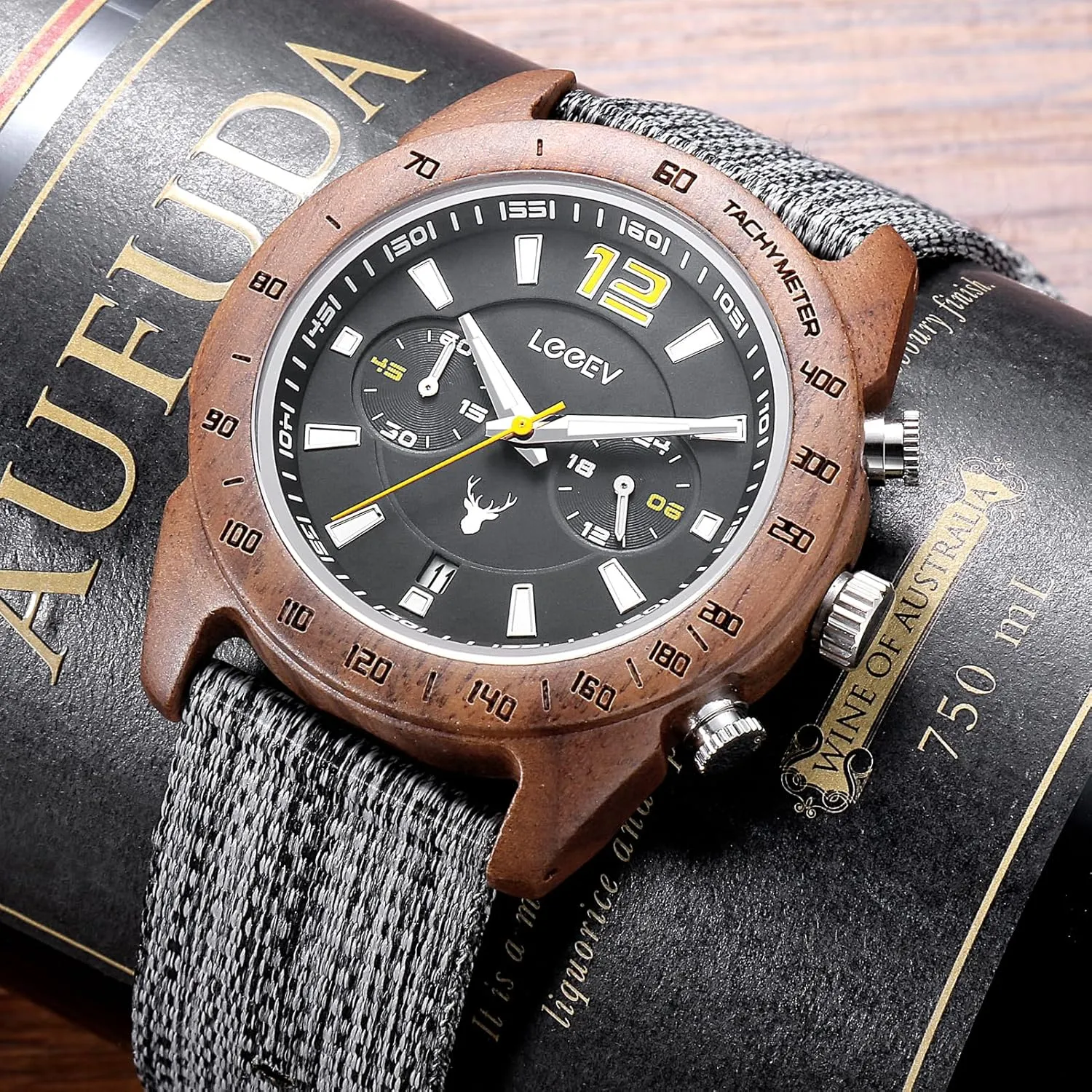 Men's Sport Design Wooden Watch, Handmade Light Luminous Multifunctional Date Display Chronograph Military Quartz Bamboo Wood Wristwatch