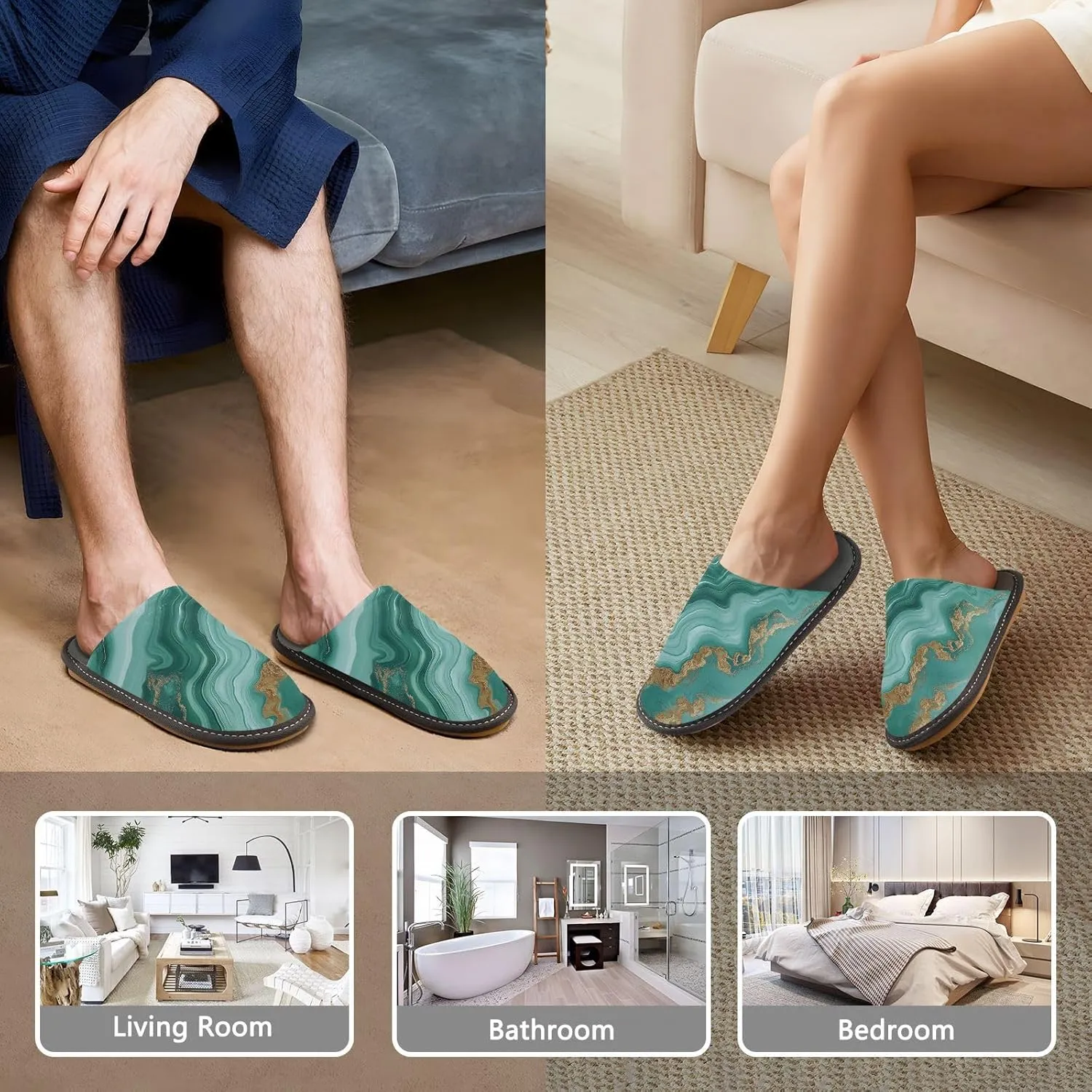 Mens Womens Slippers, Creative Green Agate Marble Slip-On Breathable House Shoes Indoor/Outdoor Size 4-11