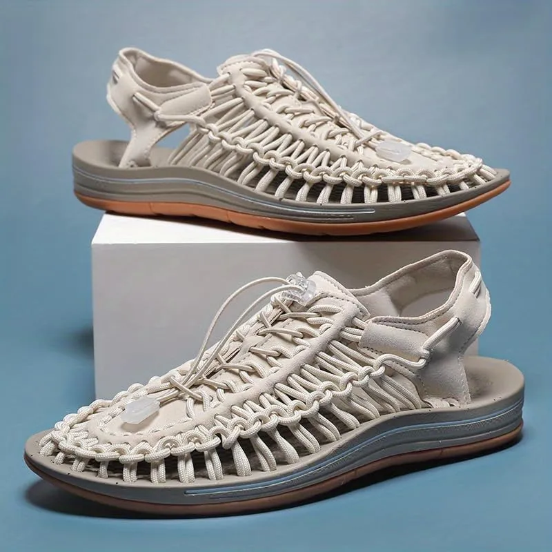 Men's Wrap Toes Breathable Flat Sandals, Outdoor Beach Slip On Casual Woven Sandals