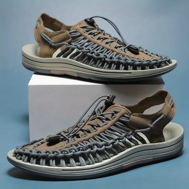 Men's Wrap Toes Breathable Flat Sandals, Outdoor Beach Slip On Casual Woven Sandals