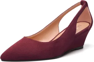 MERRORI Womens Casual Office Pointed Toe Slip On Suede Wedge Low Heel Pumps Shoes 2 Inch