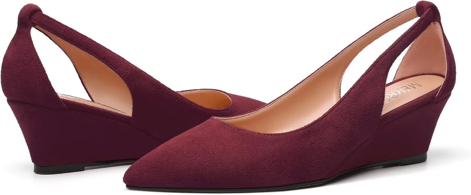 MERRORI Womens Casual Office Pointed Toe Slip On Suede Wedge Low Heel Pumps Shoes 2 Inch