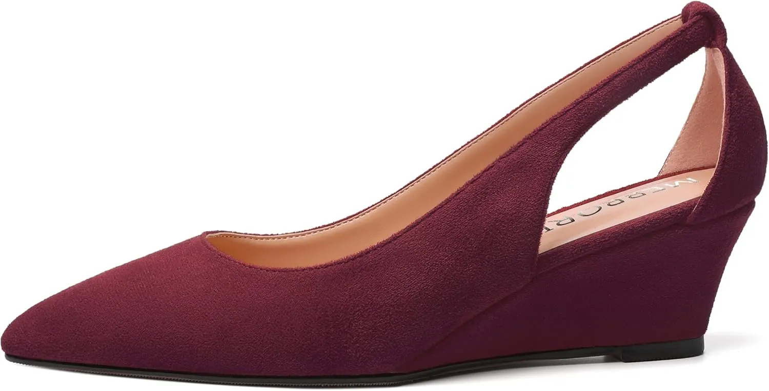 MERRORI Womens Casual Office Pointed Toe Slip On Suede Wedge Low Heel Pumps Shoes 2 Inch