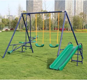 Metal Swing Set, Outdoor Heavy-Duty Metal Playset for Kids with Slide, 2 Swing Seats, 1 Two-Person Glider,1 Seesaw